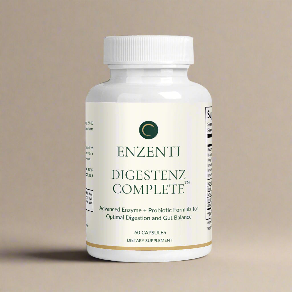 Enzenti Digestenz Complete bottle — advanced enzyme and probiotic supplement for digestion and gut health, 60 capsules.