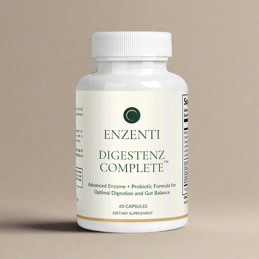 Enzenti Digestenz Complete bottle — advanced enzyme and probiotic supplement for digestion and gut health, 60 capsules.
