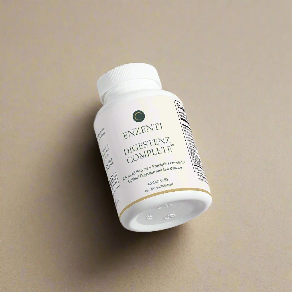 Enzenti Digestenz Complete bottle with natural enzyme and probiotic blend for digestive health, gut balance, and everyday wellness support.
