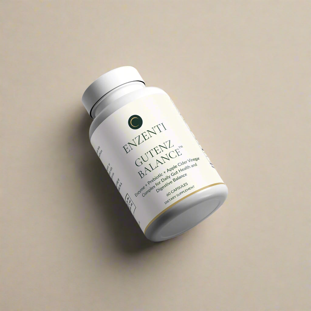 Front-facing bottle of Enzenti Gutenz Balance, a vegan-friendly digestive health supplement with enzymes, probiotics, and prebiotics for gut balance.