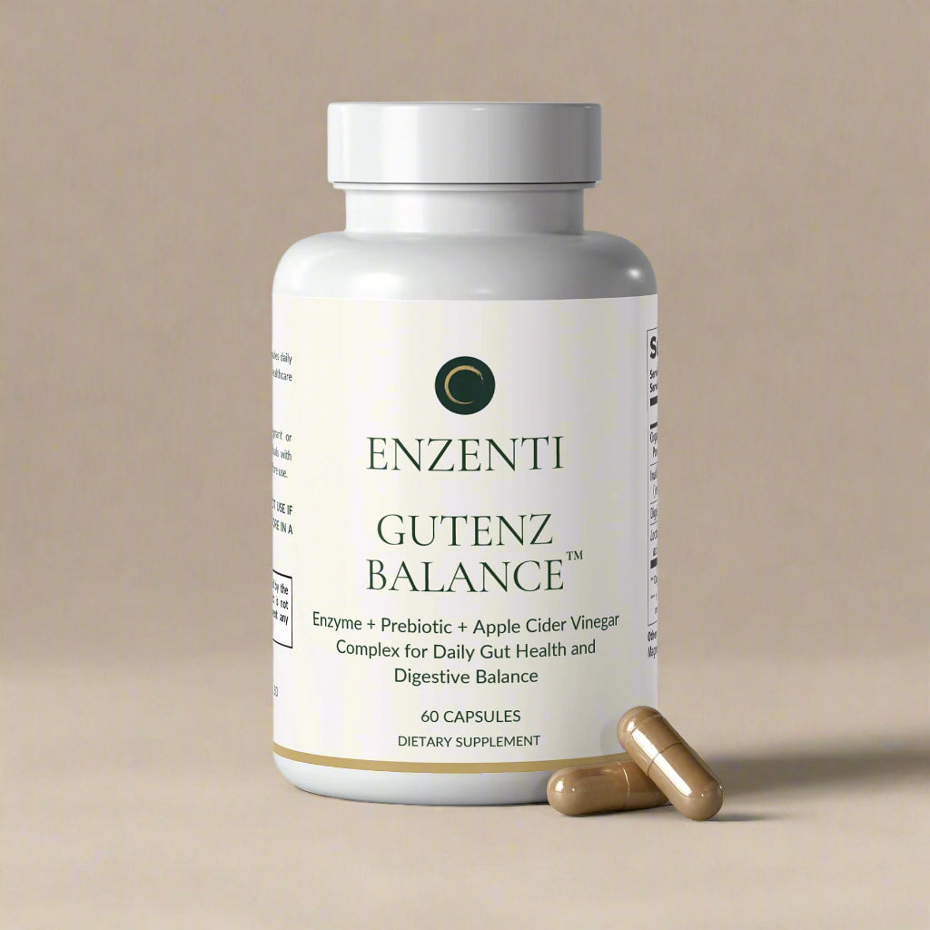 Gutenz Balance by Enzenti — daily enzyme-powered supplement designed to support healthy digestion, nutrient absorption, and gut microbiome balance.