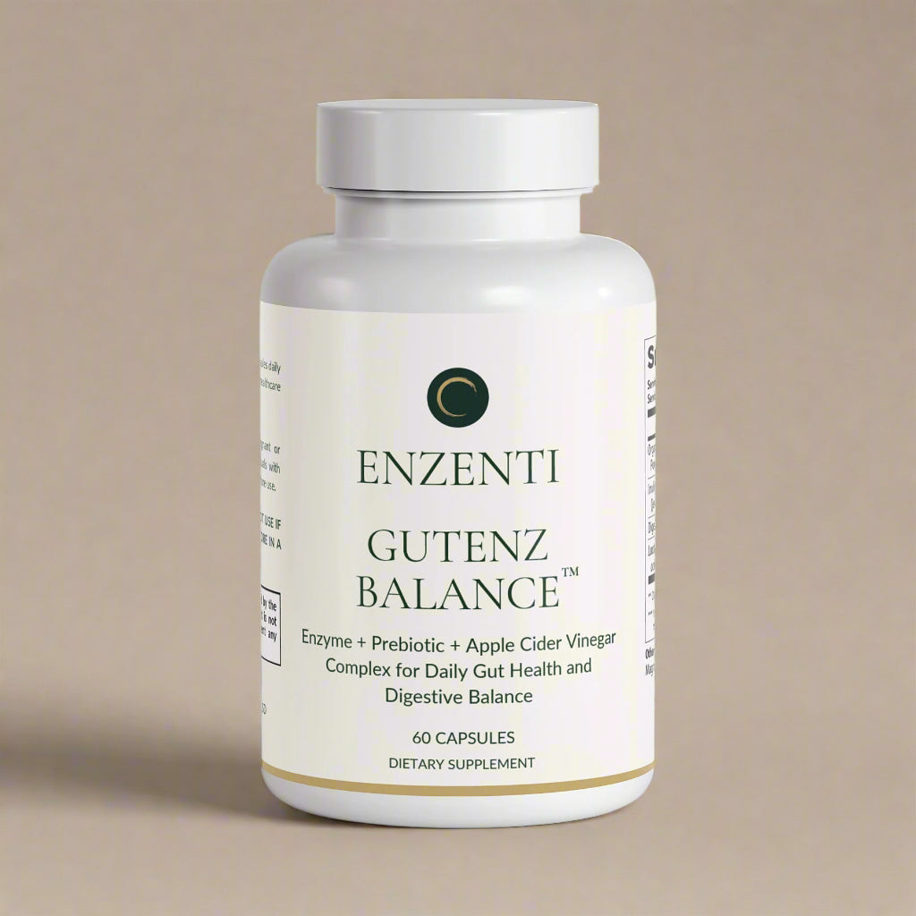 Enzenti Gutenz Balance supplement bottle — daily gut health formula with enzymes, probiotics, prebiotics, and apple cider vinegar for digestion support.